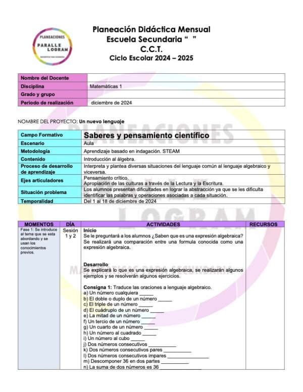 Planeación didáctica Matemáticas 1er grado Diciembre 2024