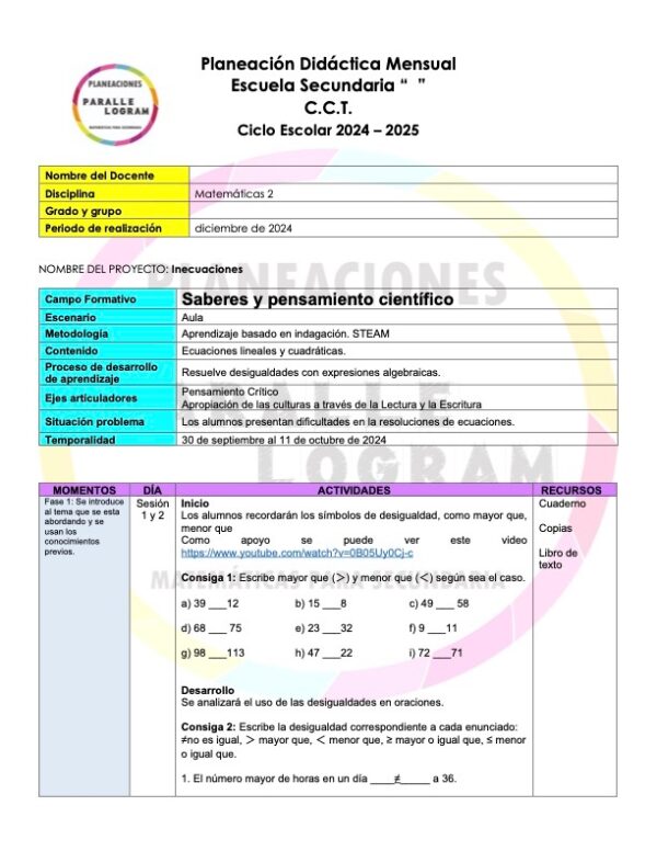 Planeación didáctica Matemáticas 2do grado Diciembre 2024