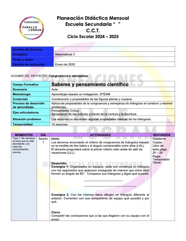 Planeación didáctica Matemáticas 3er grado Enero 2025