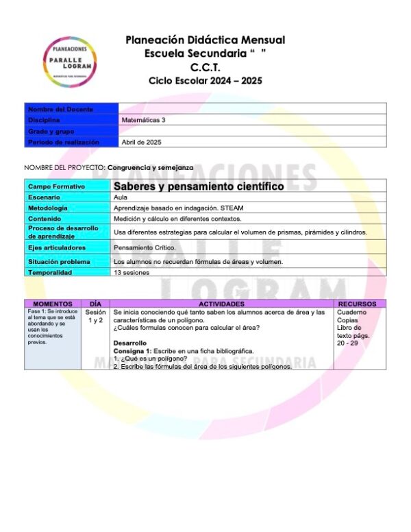 Planeación didáctica Matemáticas 3er grado Abril 2025